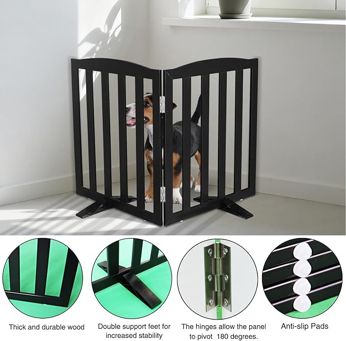 ZJSF Foldable Freestanding Indoor Dog Gate for House Wood Long Pet Gates Dog Fence for Stairs Puppy Gates for Hallways, Puppy Gate,Support Feet Included, Black, 32 "Height-2 Panels