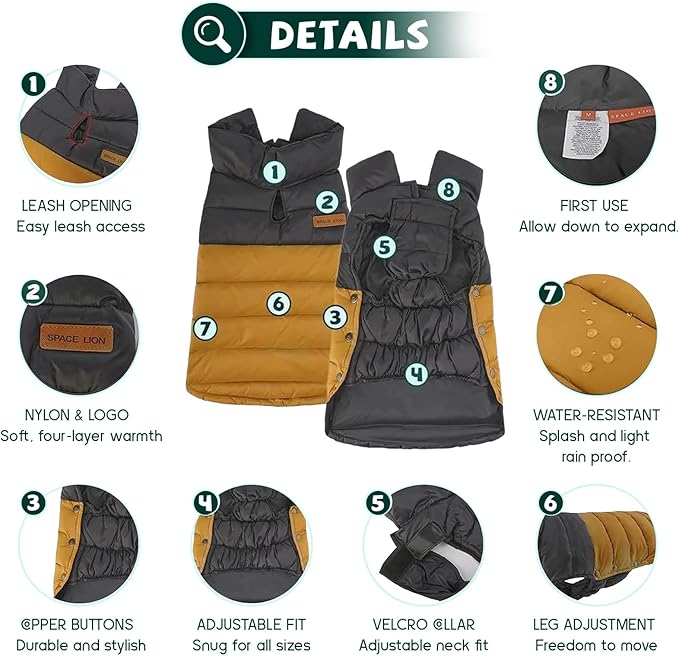 SPACE LION Dog Puffer Jacket, Down Winter Coat, Durable Outdoor Coat for Cold and Windy Conditions, Lightweight & Adjustable Fit Coats for Large Dogs,(BlackKhaki, Size22/XL+)