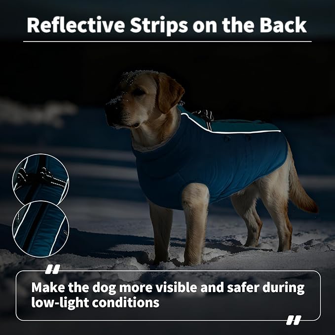 IDOMIK Warm Dog Coat with Harness, Waterproof Reflective Dog Jackets for Small Medium Large Dogs, Fleece High Collar Winter Jacket with Zipper, Pet Winter Snowsuit Clothes for Cold Weather,Blue XL
