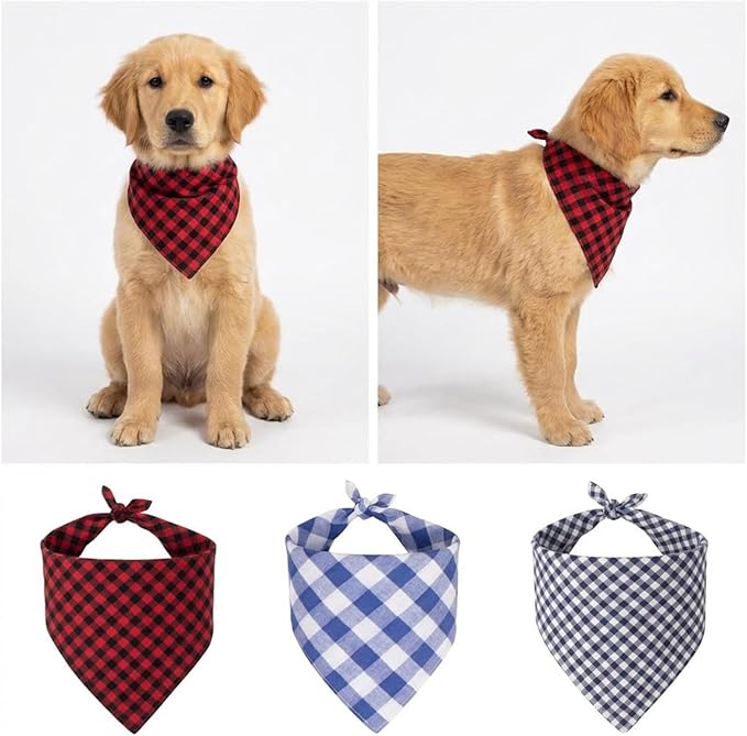 Dog Bandanas 1 Pack; Cotton Linen Blue Bandana Plaid for Large Dogs; Soft Breathable Dog Accessories; Classic Dog Apparel & Accessories