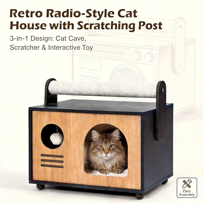Ecove Family Cat House for Indoor Cats, Modern Wooden Cat Cave Condo with Scratching Posts, Washable Cushion, Durable Cat Furniture, Bed for Small and Medium Cats