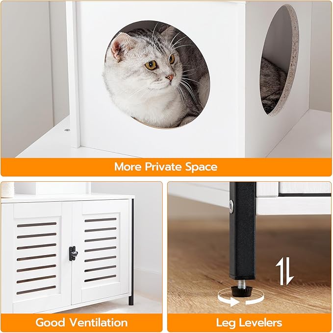 HOOBRO Cat Tree with Scratching Posts, Cat Tower Litter Box Enclosure Furniture for Indoor Cats, All-in-One Wooden Cat House Condo with Cat Hammock, Detachable Teaser Sticks, White BW14MZ03