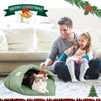 Cat Sleeping Bag,Linen Fabric Cat Bed Cave Leaf Nest Pet Cuddle Zone Covered Hide Hood Burrowing Cozy Soft Durable Washable with Non-Slip Bottom for Indoor Puppy and Kitten (Green)