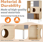2-in-1 Modern Cat Tree Tower for Large Cats,Wooden Cat Tower with Litter Box Enclosure and Bookshelf/Storage Cabinet/Hidden Bed for Living Room Or Bedroom (Natural, 35.4") (Natural+Grey, 27.6)