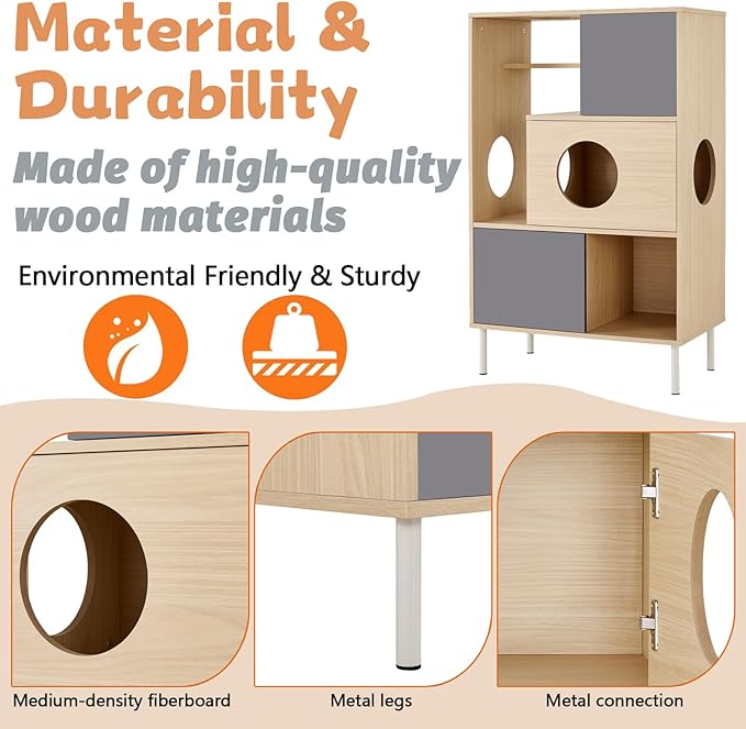 2-in-1 Modern Cat Tree Tower for Large Cats,Wooden Cat Tower with Litter Box Enclosure and Bookshelf/Storage Cabinet/Hidden Bed for Living Room Or Bedroom (Natural, 35.4") (Natural+Grey, 27.6)