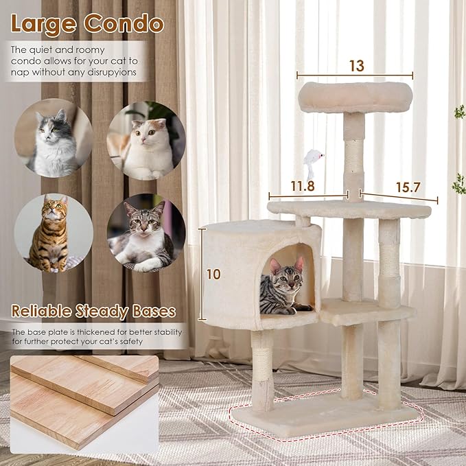 PayLessHere Cat Tree 36in Cat Tower with Cat Scratching Post, Cat Condo Stand House Furniture Kitty Activity Center with Furry Toys Cat Tree for Indoor Cats,Beige