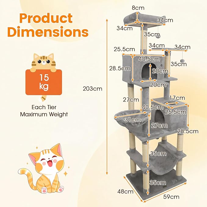 PETSITE 80-inch Tall Modern Cat Tree, Multi-Level Cat Tower with 2 Comfy Condos, Sisal Scratching Posts, Side Basket, Snug Hammock, and Dangling Balls, Ideal for Indoor Cats and Kittens (Grey)