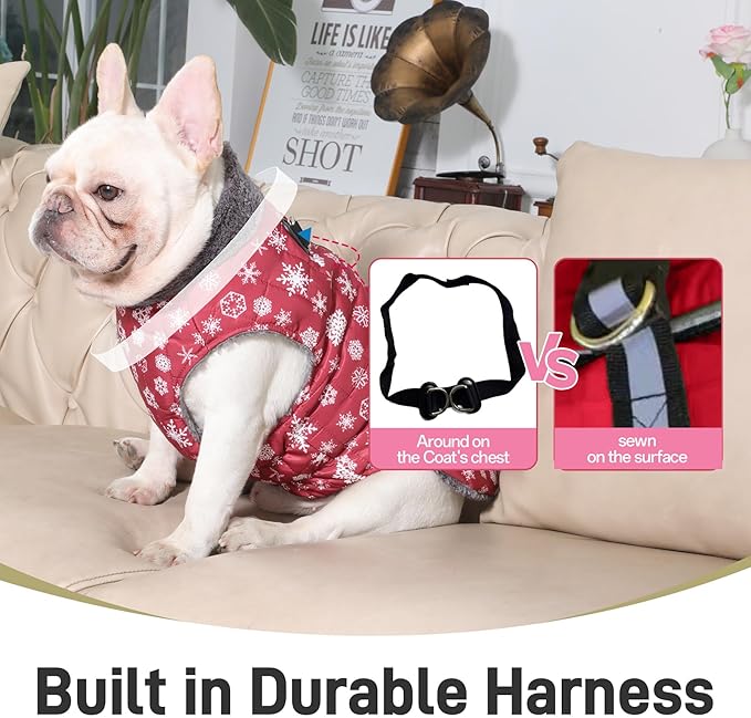 Warm Fleece Dog Coats with Durable Harness Buitl in D-Ring,Waterproof Doggie Jacket for Large Dogs,Dog Vest for Cold Winter,Red,Snow Pattern XXL