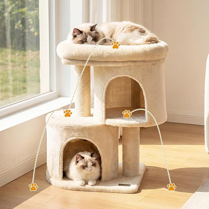 PETSITE 26-inch Small Cat Tree, with Sisal Scratching Post, Double Comfy Condos, and Spacious Top Perch, Ideal for Indoor Cats and Kittens (Beige)