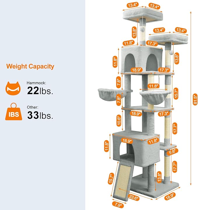 82" Tall Cat Tree,Giant Cat Tree for Indoor Cats Large Adult, Heavy Duty Cat Tree Tower, Extra Large Cat Trees with Scratching Posts, Cat Condos, Hammock,Top Perch,Ramp (Light Grey)