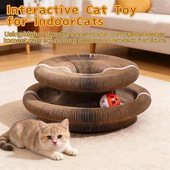 Magnetic Interactive Cat Toy Cardboard Scratcher with 1 Ball for Mental Exercise, Featuring Kitty Kurlz, an Accordion Scratching Board with Twist Paws for Indoor Cats in Gray/Brown