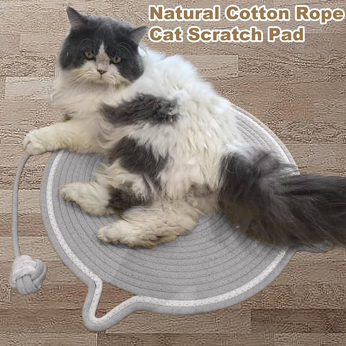 Cat Scratching Pad, Natural Cotton Rope Cat Scratch Mat, 16.9'' Round Wall & Floor Scratcher, Durable Furniture Protector for Couch, Carpet, Sofa, Eco-Friendly Cat Scratcher Pad(Grey)