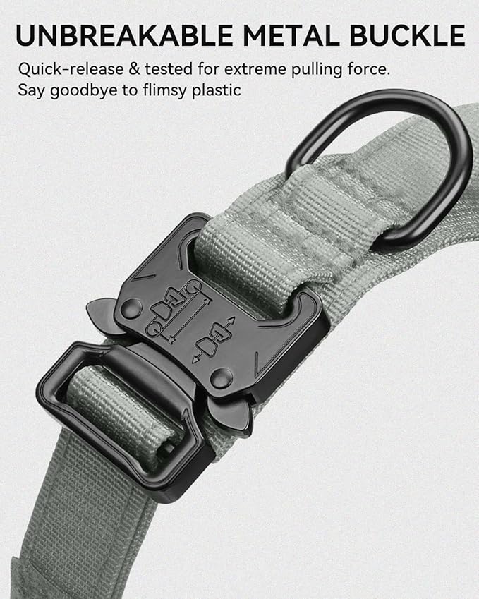 Joytale Tactical Dog Collar with Handle and Metal Buckle, Heavy Duty Padded Military Collar with 2 Patches for Training, Adjustable for XLarge Dogs, Gray, XL