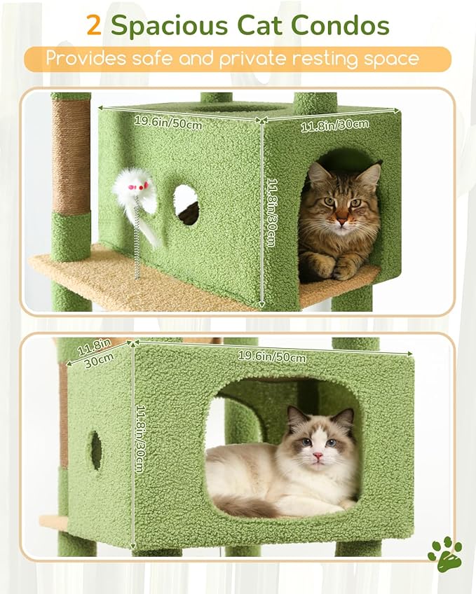Globlazer Cactus Heavy Duty Cat Tree Tower 80in Tall Extra Large Cat Tree Tower for Multiple Indoor Cats Large Adult with Scratching Posts, 2 Spacious Condos, Padded Perches, Soft Hammock, S80B, Green