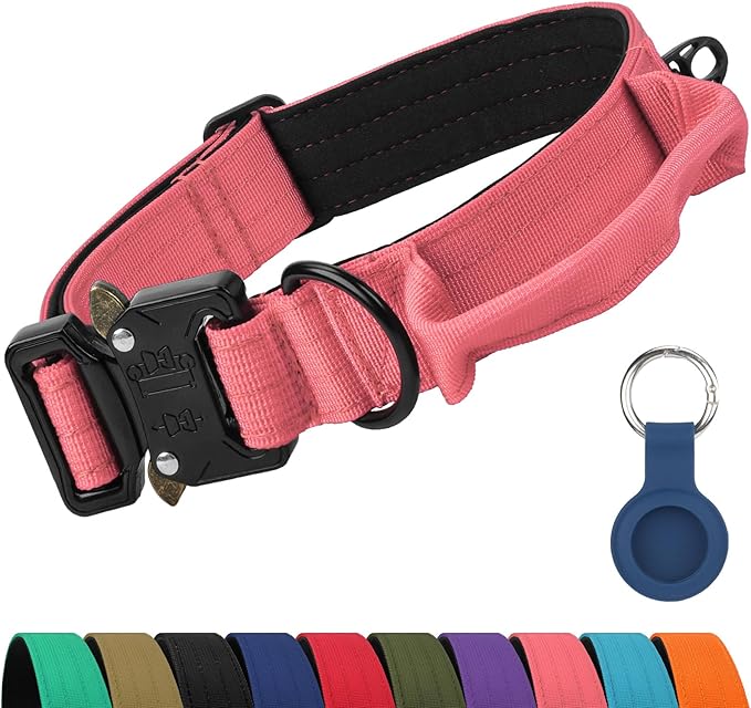Joytale Tactical Dog Collar for Medium Dogs with Control Handle, Heavy Duty Military Training Collar for Power Breeds, AirTag Holder Case, Quick Release Metal Buckle, Soft Padded, M, Pink