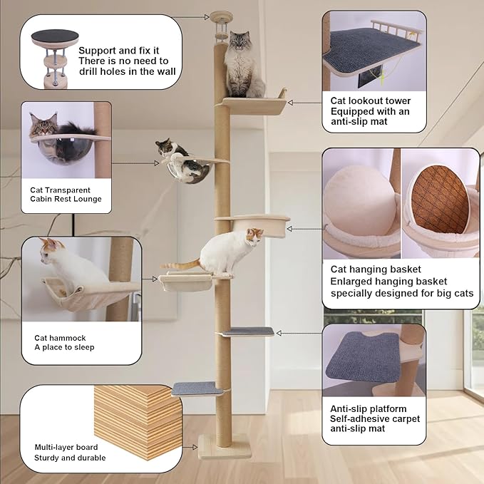 Floor-to-Ceiling Cat Tree Adjustable Height 50-122 Inches 9-Pillar 6-Tier Activity Center with Hammock SisalScratching Posts Plush Perches Multi-Level Climbing & Scratching Cat Furniture