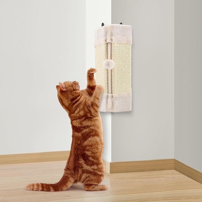 Wall Corner Cat Scratcher for Indoor Cats- Wall Mounted Sisal Scratching Pad with Hanging Ball - Vertical Corner Wall Mount Scratch Panel, Protector for Wall Corner