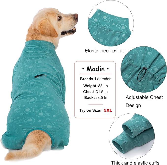 Dog Coats Autumn Winter Jumpsuit for Large Medium Dogs, Warmer Recovery Suit Polar Fleece Dog Bodysuit Lightweight Pajamas Pullover Stretchy Onesie Four-Legged Cold Weather Clothes (5XL, Green)