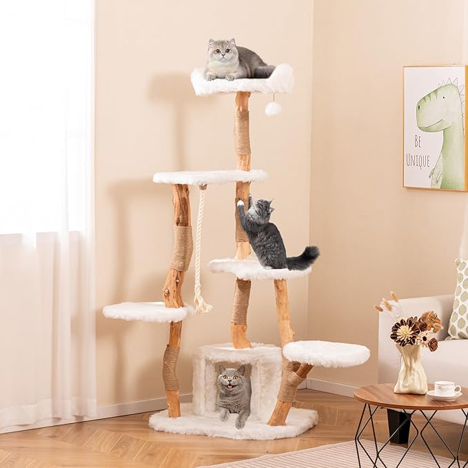 PETSITE 66 inch Tall Wooden Cat Tree Tower, Multi-Level Cat Tower with Jute Scratching Posts, Sisal Rope, Cat Condo, and Dangling Ball, Soft Long Plush, Modern Cat Tree for Indoor Cats Large Adult