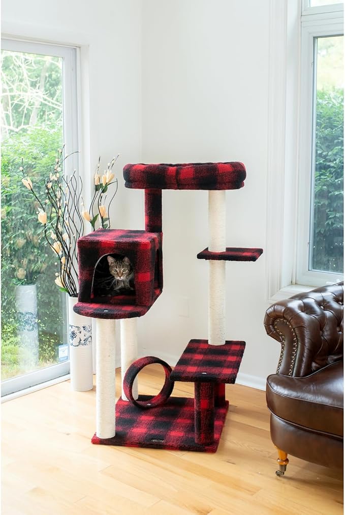 Cat Tree - 50" Plaid Cat Condo with Scratching Posts, Lounger & Veranda