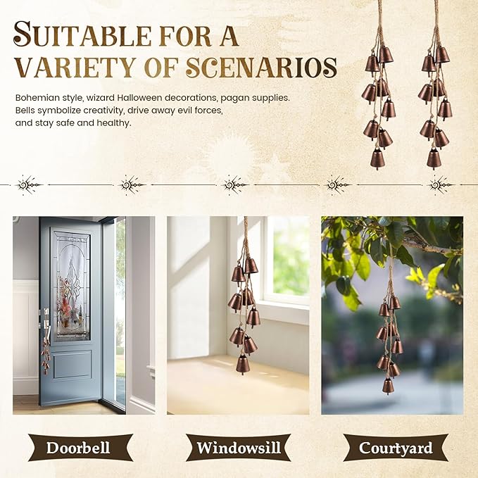 2 Pack Witch Bells for Door Knob Protection Outdoor Bells Hanging Bells for Door knob Witches Bells Magic Wind Chimes for Home Protection Witch Bells Kit(Rustic Red)