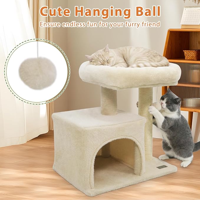 DORTALA Small Cat Tree, Cat Tower with Condo, Top Perch, Sisal Scratching Post & Hanging Ball, Pet Furniture Activity Center for Indoor Kittens Playing (Beige)