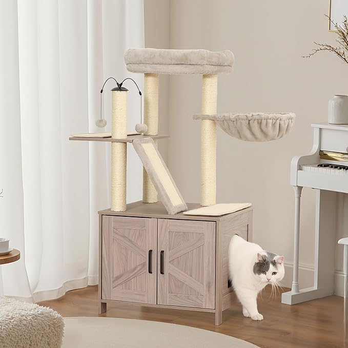 Amazon Basics Furniture Cat Tree with Litter Box Enclosure, Large Cat Tree with Scratching Posts, Sisal Pad, Cozy Perch and Hammock