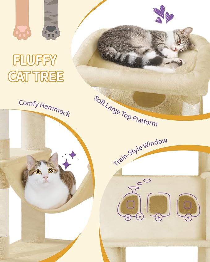 Cat Tree for Indoor Cats, 69.9 Inch Large Tall Cat Tower, Multi-Level Cats House with Condo, 8 Scratching Posts, Hammock, 4 Pom Poms, Beige MS17018YL