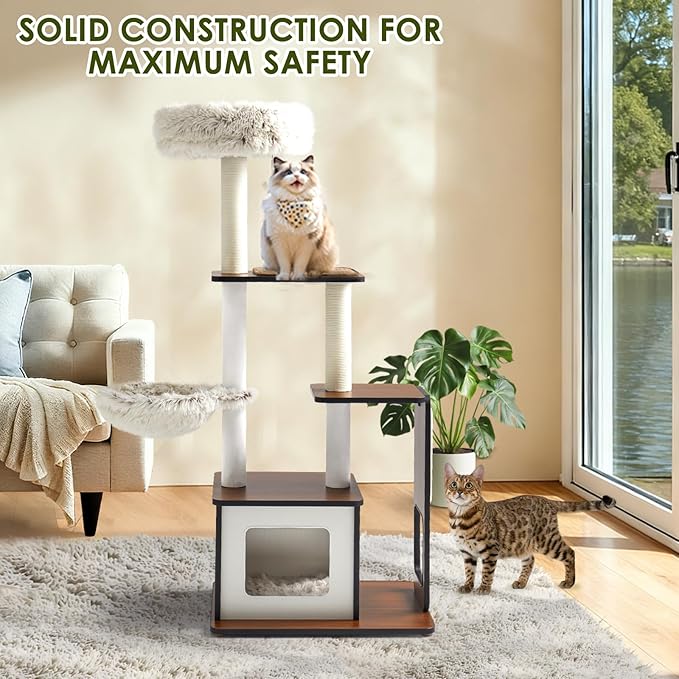 54-Inch Premium Multi-Level Modern Cat Tree & Tower - Unique Design Indoor Cat Condo with Scratching Posts, Hammock, Top Perch & Interactive Drop Ball Toy