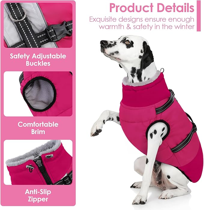 AOFITEE Small Dog Coat, Waterproof Dog Winter Jacket with Harness Built in, Warm Fleece Lined Dogs Jacket for Cold Weather, Reflective Pet Snow Jackets with Zipper for Yorkshire, Schnauzer, Hot Pink S