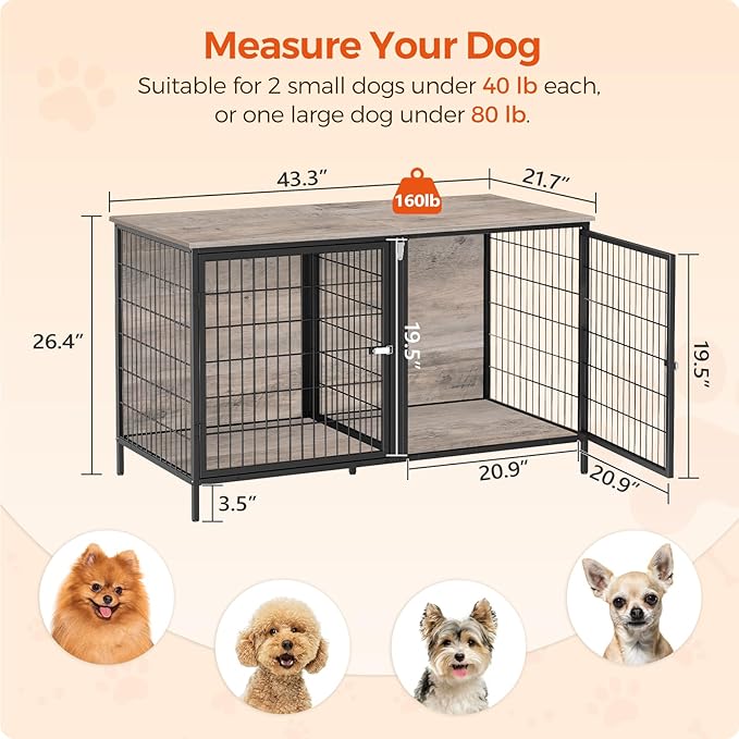 Dog Crate Furniture for 2 Dogs, 43.3" Dog Kennel with Removable Divider, Heavy Sturdy Dog Furniture Style Double Cage for Small Medium Dog, Indoor Pet House End Table, Greige DCHG1201