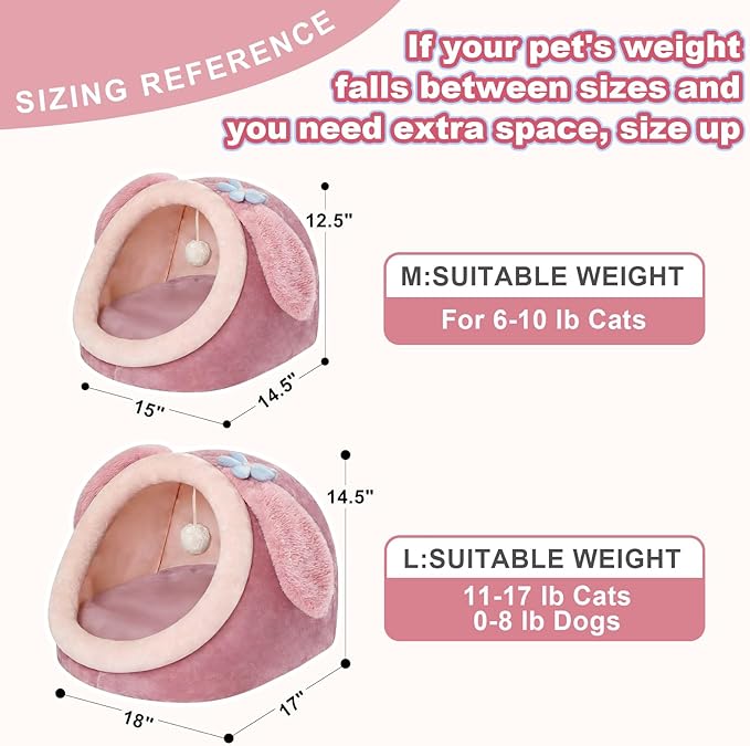 Jiupety Cute Cat Bed for Indoor, Cats Warm Soft Cave Fit for 6-10 lb Cat, Pink Rabbit, M