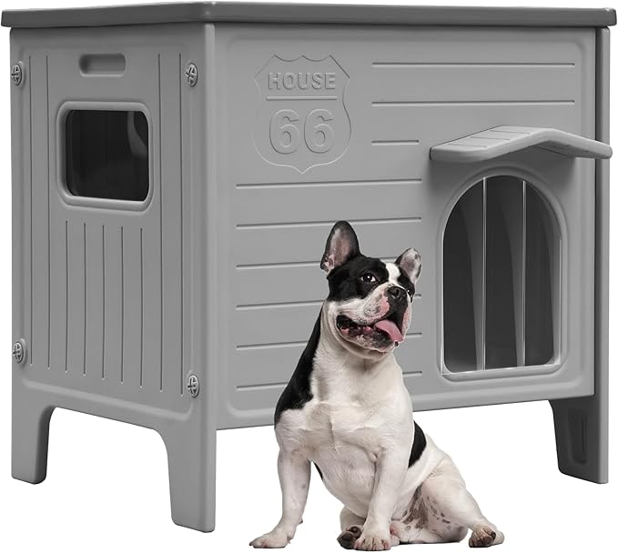 Durable Waterproof Plastic Dog House for Outdoor Indoor,Outside Dog House with Side Window Elevated Floor, Easy to Assemble Easy to Clean