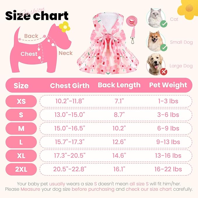 Cute Dog Dress Small Dog Clothes For Girls Female Puppy Outfit Pink Floral Pet Summer Clothes Bowknot Doggy Cat Princess Dress Harness Set for Holiday Birthday Party Costume Clothing (Pink,XXL)
