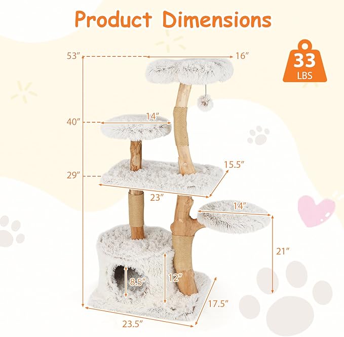 Tangkula Modern Cat Tree, 53 Inch Tall Natural Branch Wooden Cat Tower with Jute Scratching Posts, Plush Perch, Condo, Aesthetic Luxury Solid Wood Flower Cat Tree for Indoor Cats Large Adult (White)