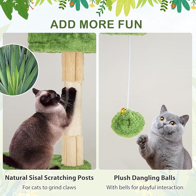 PETSITE 63 inch Tall Cat Tree, Multi-Level Aesthetic Stripped Cat Tower with Sisal Scratching Posts, 2 Condos, 2 Side Baskets, and 2 Dangling Balls, Indoor Green Cat Tree Tower for Indoor Cats