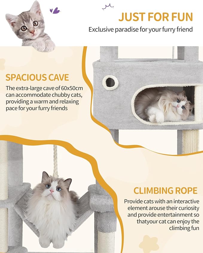 79.9 inch Cat Tree for Indoor Cats, Multi-Layer Scratching Post with Large Platform, 2 Caves, 7 Sisal Posts, Pompoms, Cat Basket, Hammock, Suitable for Cats, Light Grey MS20318LG