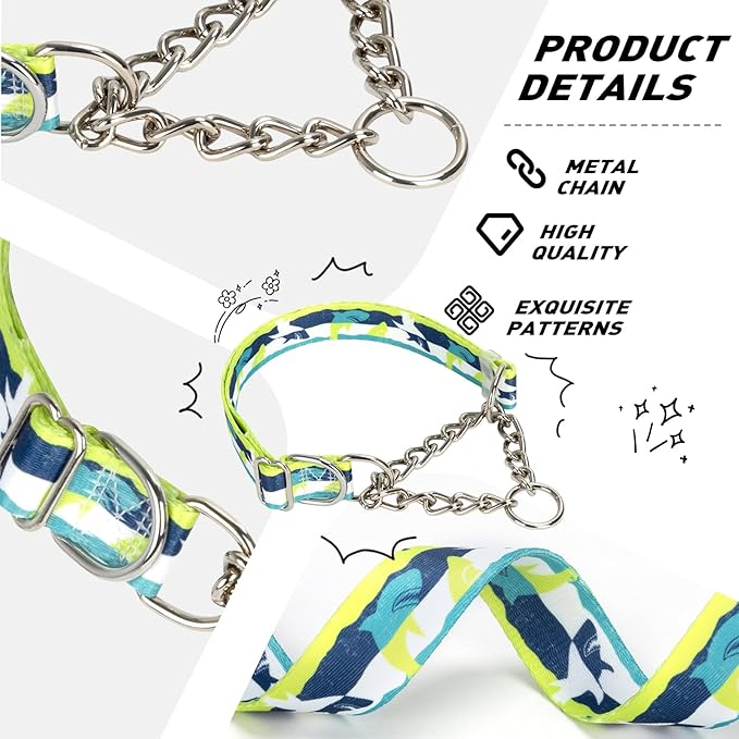 No-Pull Martingale Dog Collar with Chain - Adjustable Shark Pattern Choker Collar for Training, Anti-Pull Slip Collar for Medium, Large & XL Dogs（XL）