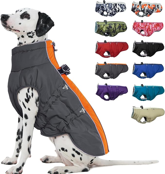 Medium Dog Winter Jacket, Warm Zip Up Snowsuit Dog Harness Vest, Reflective Water-Resistant Coat for Snow, Orange-Gray