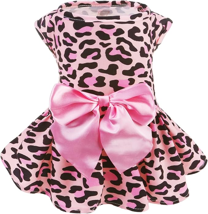 PUPTECK Print Dog Dress Pet Apparel with Cute Bowtie Puppy Clothes Outfit, Leopard Print, S