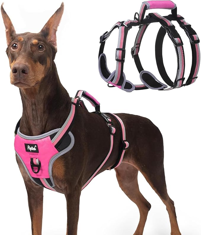 PUPTECK Escape Proof Dog Harness with Padded Handle, No Pull Pet Vest Harness Durable Reflective for Medium Large Dogs Walking Training and Running, Pink, L