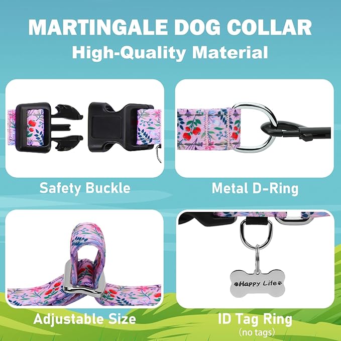 Reflective Martingale Collar with Quick Release Buckle Anti Pulling Girl Female Dog Collars (Pink Flowers Plants, Medium)