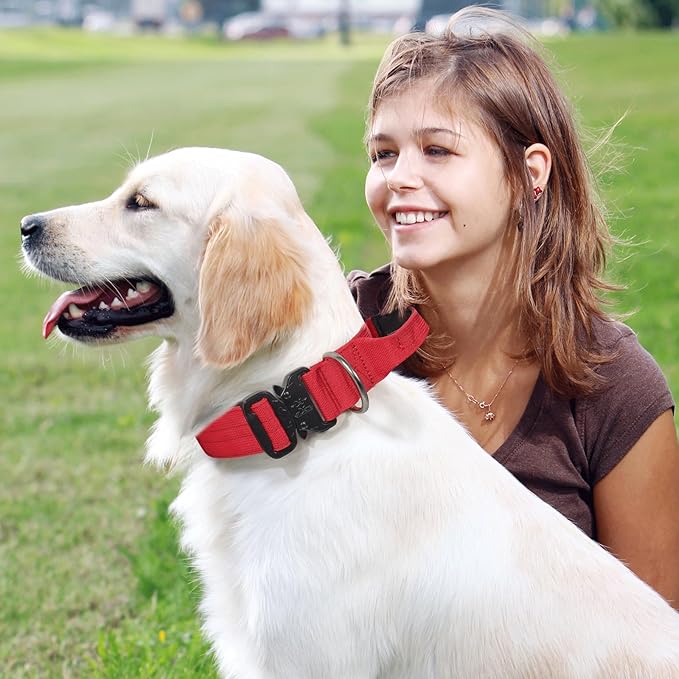 MoNiBloom Tactical Dog Collar with Handle, 1.5 Inch Wide Heavy Duty Military Collar for Medium Large Dog Walking, Training, Running, Red