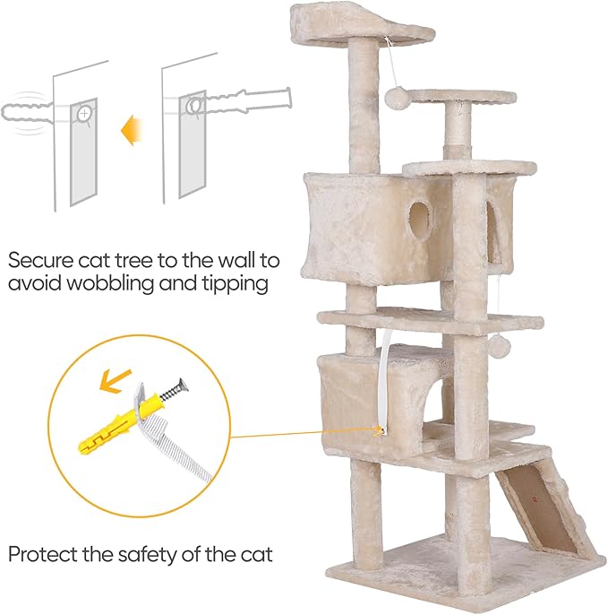 53 inches Heavy Duty Multi-Level Cat Tree Tower with Condo Furniture & Scratching Posts for Kittens Play Rest (Beige)
