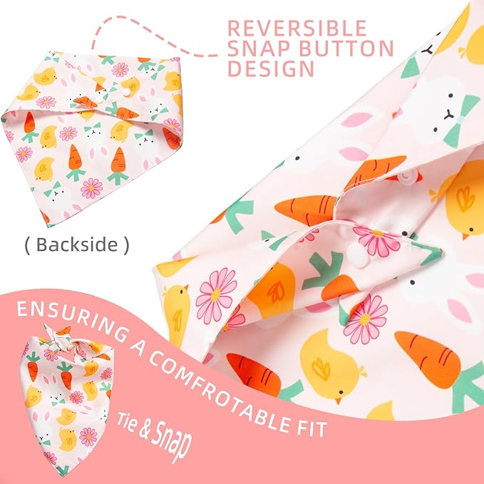 Dog Bandana for Easter Day - Lovely Bunny Carrot Chicken & Daisy Flower Theme, Holiday Pet Costumes Scarf with Adjustable Snap Button, Large to Giant Breeds (75lbs+)