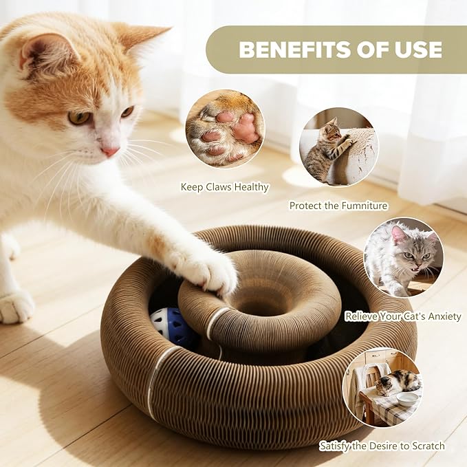 Magic Organ Cat Scratcher Toy, Foldable & Reversible Accordion Kitty Toy with Bell Ball, Interactive Cardboard Scratching Board Scratcher Pad for Indoor Cat (1 Pack)