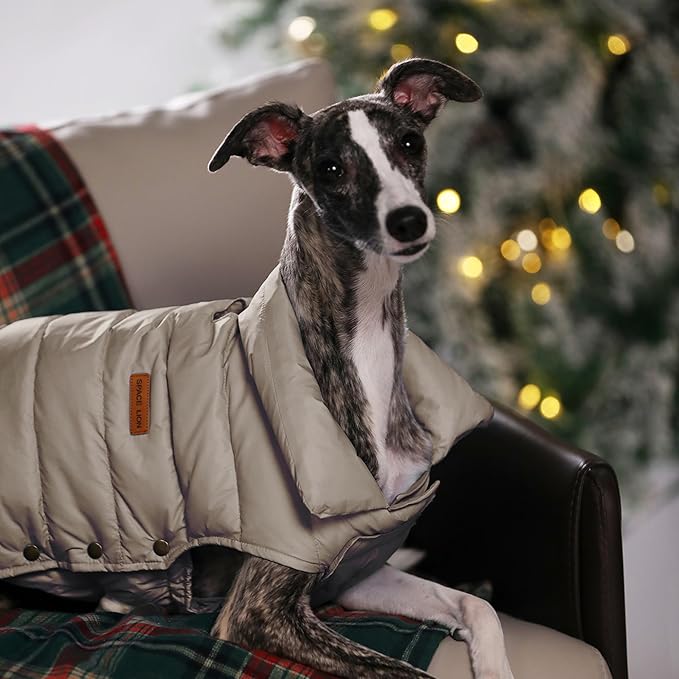 SPACE LION Dog Puffer Jacket, Down Winter Coat, Durable Outdoor Coat for Cold and Windy Conditions, Lightweight & Adjustable Fit Coats for Small & Medium Dogs, (Khaki, Size12/M)