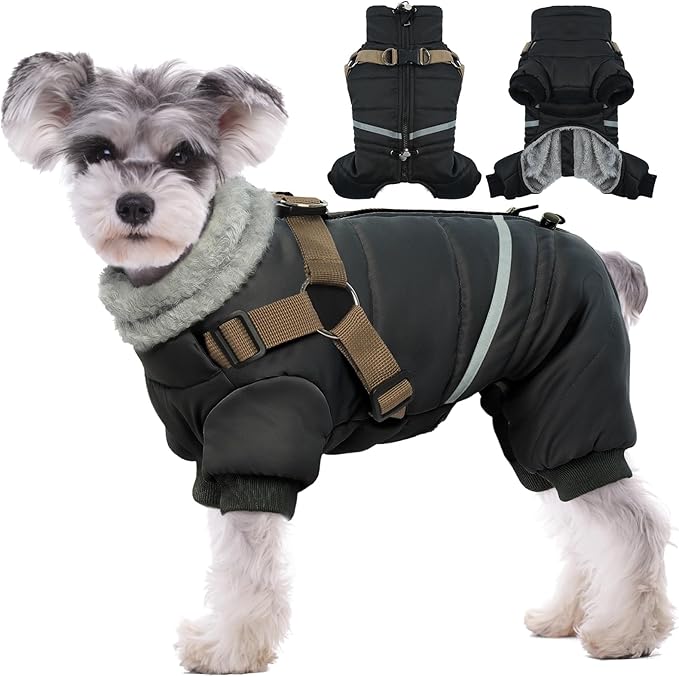 BRKURLEG Black Dog Coat with Harness, Dog Winter Jacket, Dogs Onesie Body Warm Jackets, Small Dogs Winter Coats Reflective Windproof Warm Cold Weather Coats, Pet Waterproof Jacket Hiking S