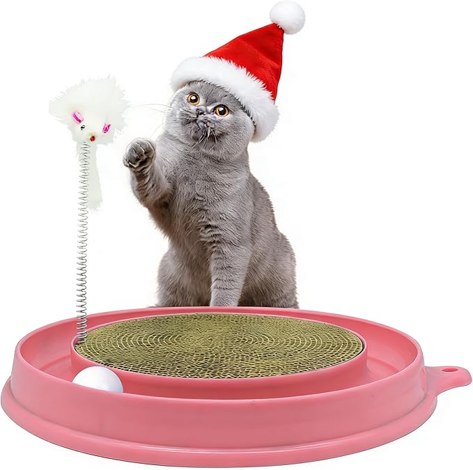 3in1 Cat Scratcher,Interactive Round Plastic Scratching Pad with Ball Track & Mouse, Engaging Puzzle for Indoor Adult Cats and Kittens-Pink