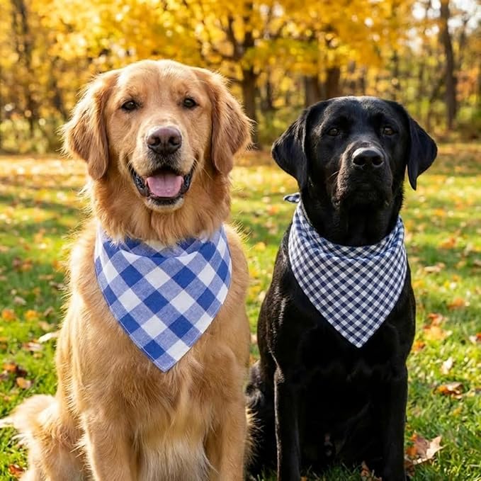 Dog Bandanas 1 Pack; Cotton Linen Blue Bandana Plaid for Large Dogs; Soft Breathable Dog Accessories; Classic Dog Apparel & Accessories